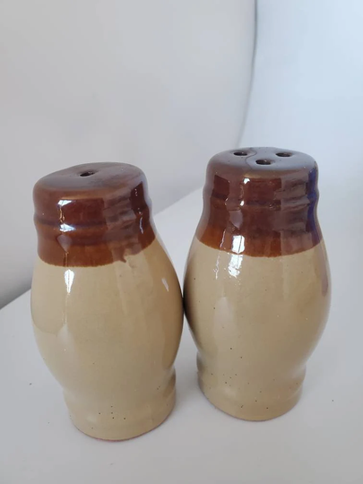 Vintage Salt & Pepper Two Tone Brown Ceramic Shakers Mid Century Modern Pottery