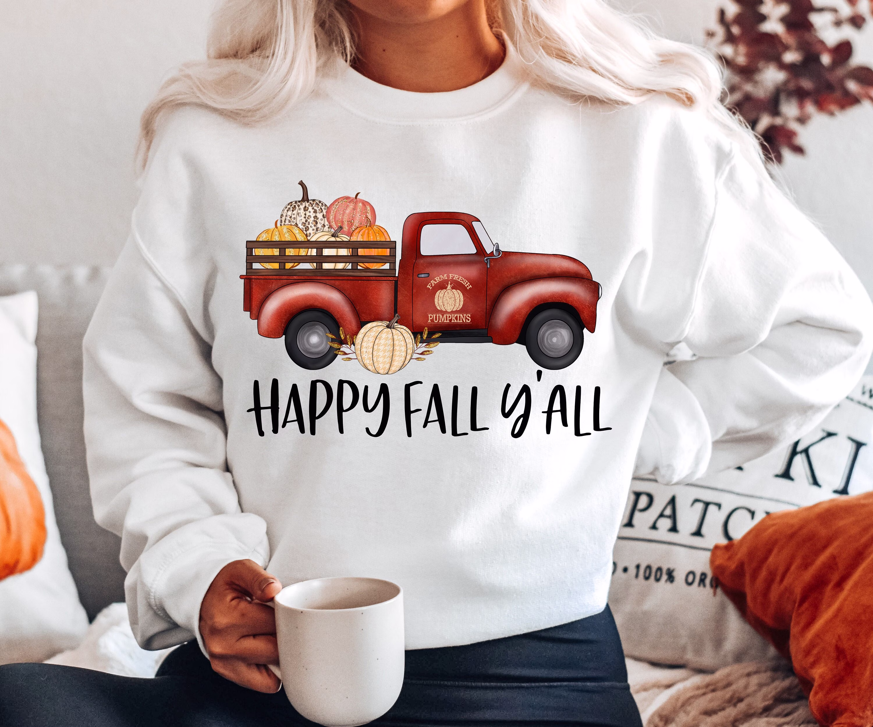 Happy Fall Y'all Sweatshirt - Season Pullover Thanksgiving Mom Gift Pumpkin Patch Truck Hayride Sweater S 4xl