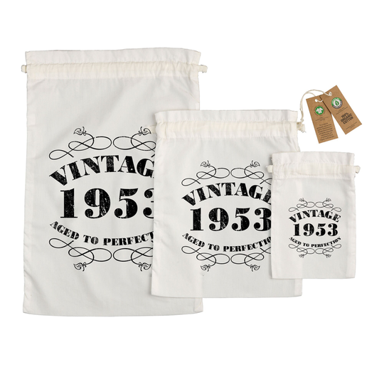 70Th Birthday Gift Bags - Large Medium Small Eco Friendly Gifts 100% Organic Cotton Drawstring Presents Bag For Him Her Vintage 1953