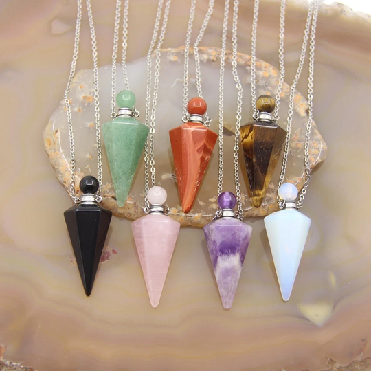 Healing Crystal Faceted Cone Point Essential Oil Bottle Pendant Necklace, Obsidian Rose Quartz Gemstone Pendulum Perfume Diffuser Vial Charms