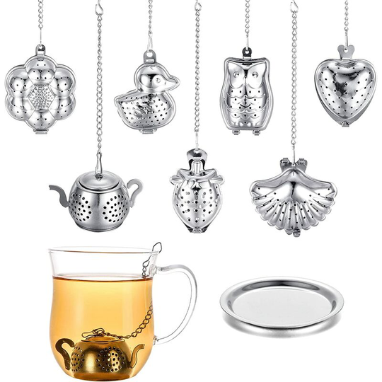 7 leaf tea brewers, stainless steel tea balls with chains and drip trays, small tea filters for tea cups (silver suit)