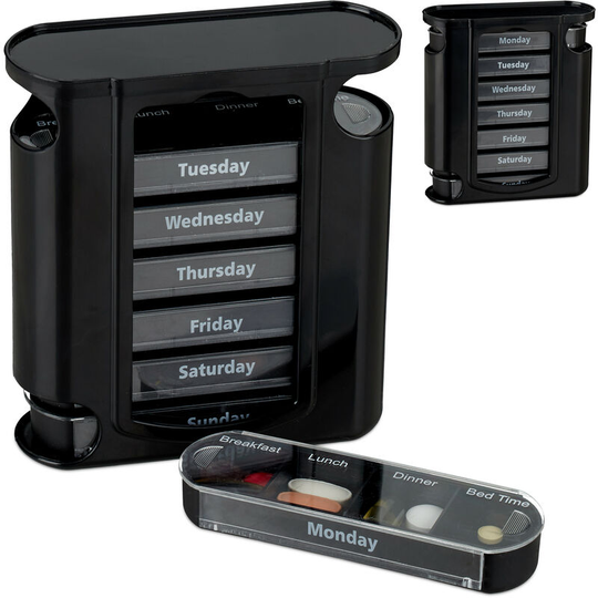 Set of 2 Relaxdays 7-Day Pill Tower, Weekly Medicine Boxes, 4 Compartments, Sliding Lids, Black
