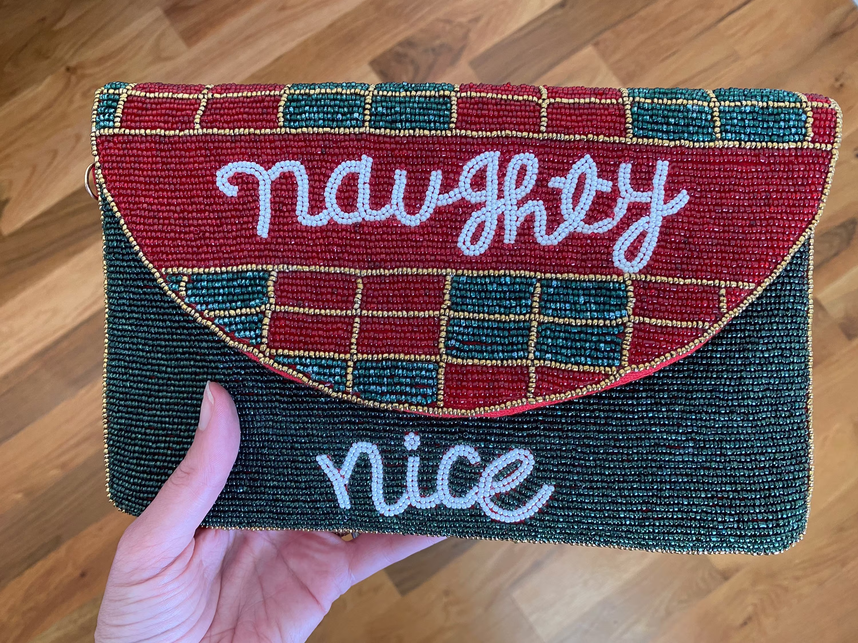 Naughty Or Nice Seed Bead Clutch - Unique Christmas Gift - Fun Glamorous Purse/Clutch