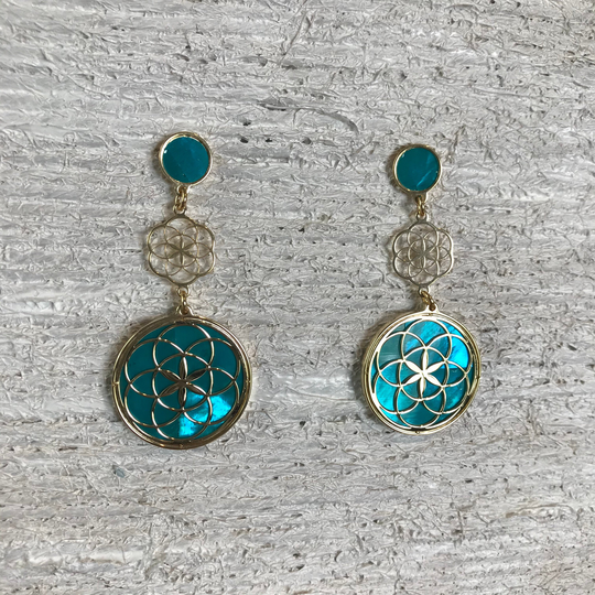 Seed Of Life Errings in 24 Carat Gold On 925 Silver & Acquamarine Mother Pearl Background, Sacred Geometry Spiritual, Yoga Gift