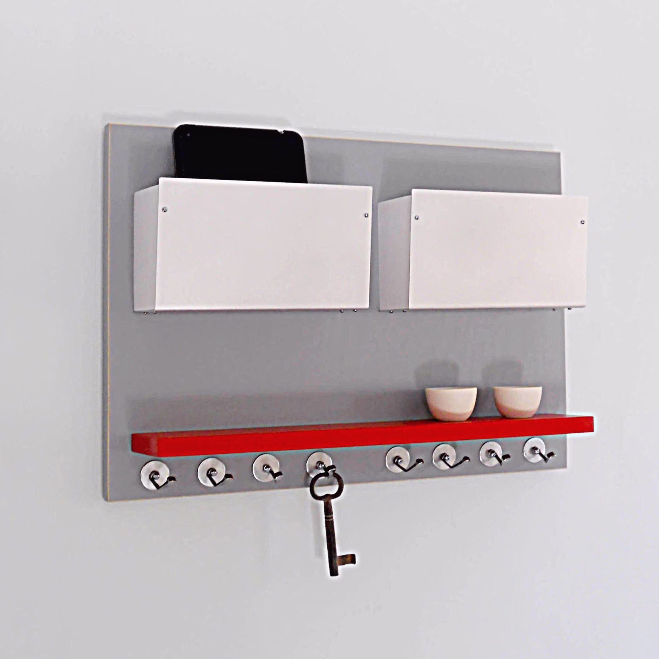 Modern Minimal Organizer, Office Wall Mount Double Bin Storage Unit With Shelf & Key Hooks, Entry & Home Decor, Multipurpose