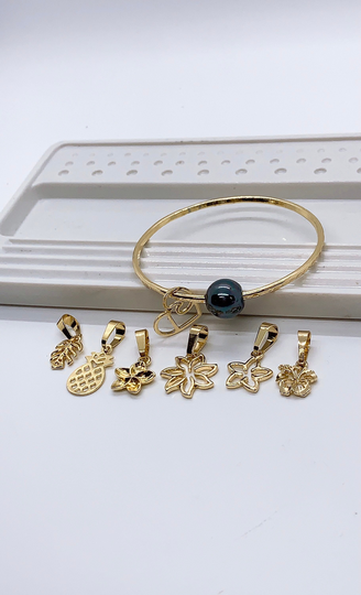 straight Bangle With Heart Wave Charm & Peacock/Rainbow Shell Pearl Add On Plumeria Pineapple Tiare Monstera Leaf Hibiscus