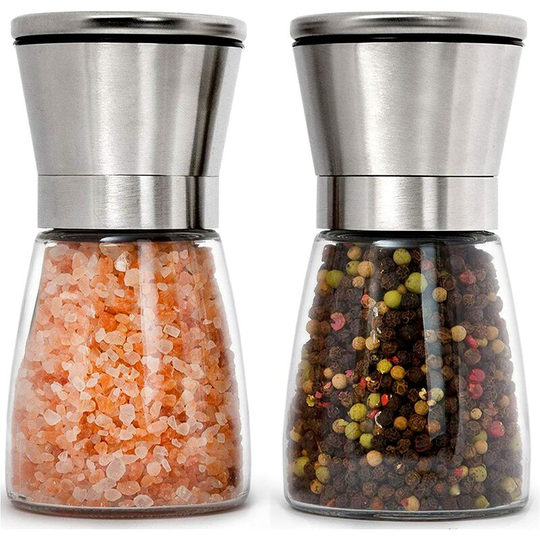 Premium Stainless Steel Salt and Pepper Mill Set of 2 - Adjustable Ceramic Salt and Pepper Grinder - Glass Salt and Pepper Shaker - Pepper Mill and