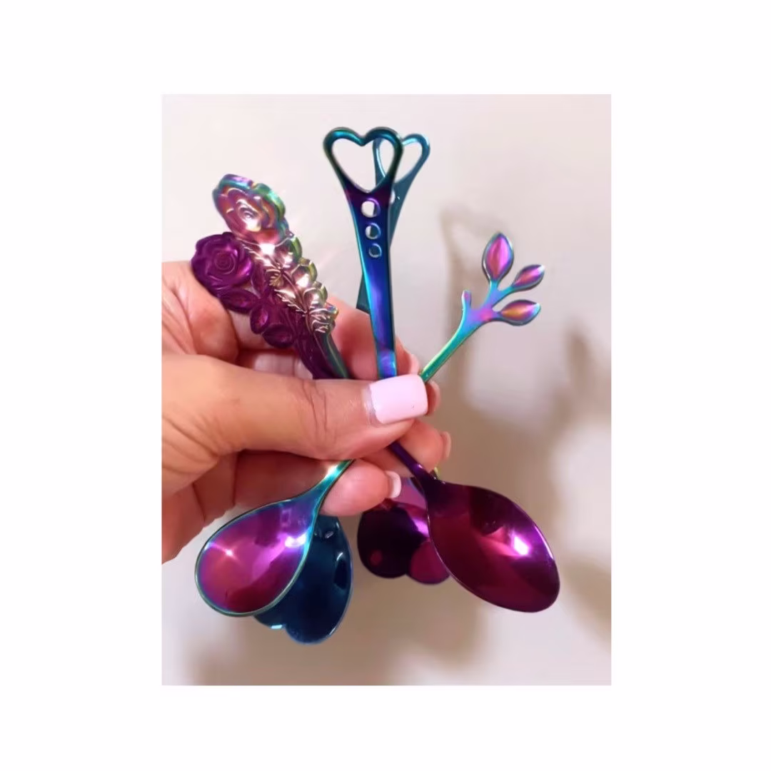 Rainbow Teaspoon Herb Spoon Floral Heart Blue Purple Gold Pink