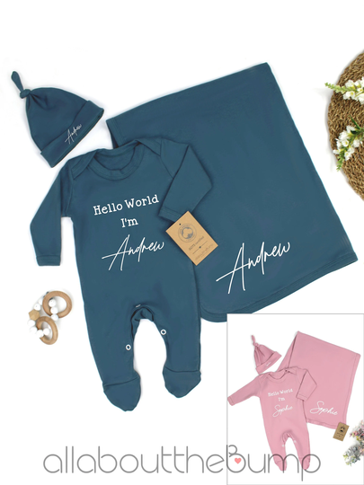 Personalised 100% Organic Cotton Babygrow, Hat & Blanket Hello World | New Baby Coming Home Girl Boy Newborn Gift Vest