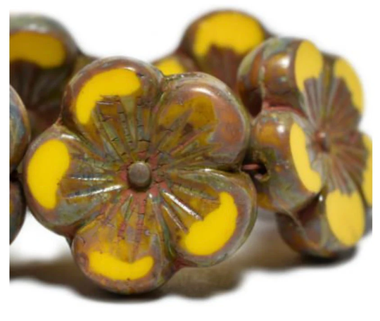 Hibiscus Flower Beads Dandelion With Coral Wash Metallic Picasso Finish Czech Table Cut Glass Carved 21mm 2 Beads