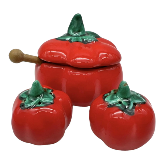 Shabby Chic Novelty Cruet Set, Salt & Pepper Pots, Kitchen Table Tomato Decor, Mustard Pot, Set | A104
