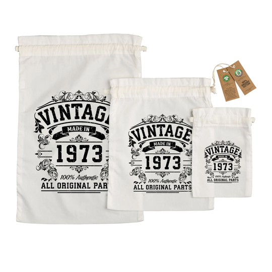 50Th Birthday Gift - Large Medium Small Eco Friendly 100% Organic Cotton Drawstring Presents Bag For All Vintage Original Parts 1973