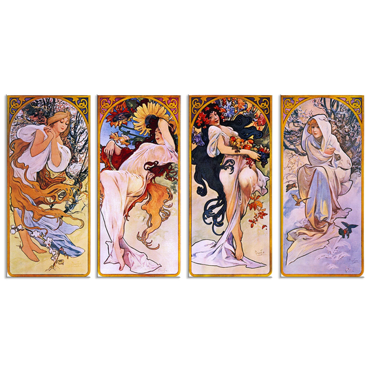 Alphonse Mucha Four Seasons 1897 Art Nouveau Reproduction Set Of 4 Panels Modern Style Canvas Print Wall Picture