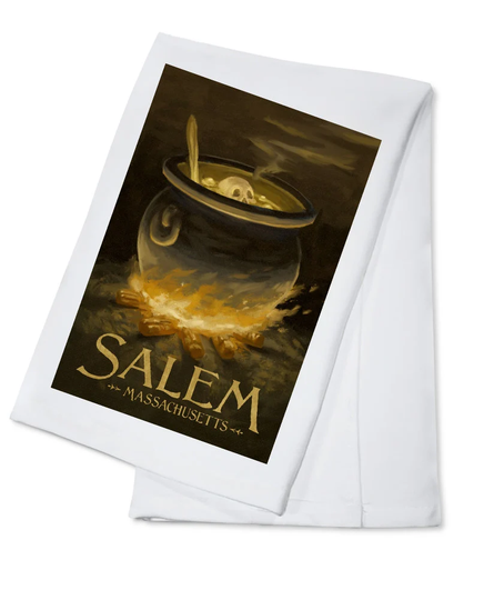 Tea Towel, Apron Salem, Massachusetts, Cauldron, Halloween Oil Painting, Kitchen Cooking, Unisex, Adjustable, Organic Cotton
