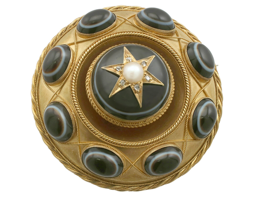 Agate & Seed Pearl, Diamond 20 Ct Yellow Gold Mourning Brooch - Antique Victorian