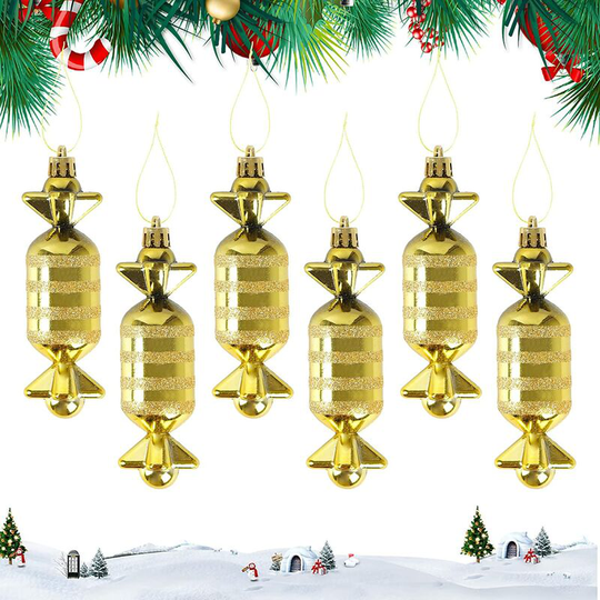 Kartokner - 6Pcs Christmas Tree Decorations,Candy Pendants Gold Christmas Balls Ornaments with Glitter Powder Large Candy Barley Xmas Candy for