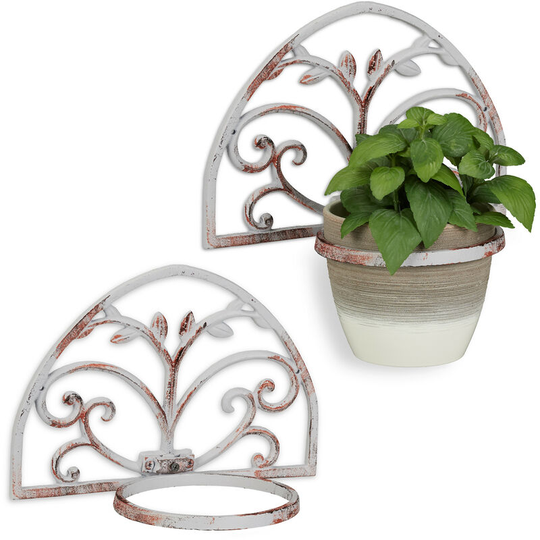 Set of 2 Wall Flower Racks, Cast Iron, Antique Look, Plant Pot Holder, Decorative, Outside, ø 14.5 cm, White - Relaxdays