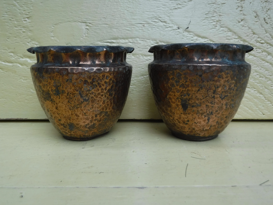 2 Small Vintage Copper Planters, Plant Pot Holders, Hammered Finish