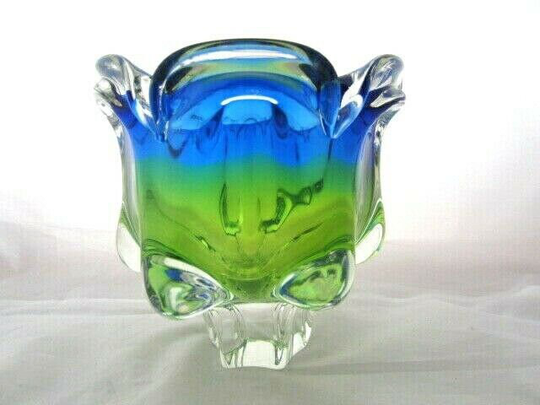 Sommerso Chribska Xxl Organic Footed Round Blue & Lime Green Art Glass Bowl