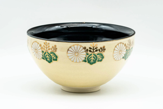 Japanese Matcha Bowl - è²´å±± Kiyama Gold Floral Black Inner-Glazed Kyo-Yaki Chawan 200Ml
