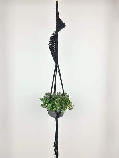 Twisted Pattern Black Plant Hanger | Cotton Wooden Ring Hanging Decoration Natural Handmade Boho Flower