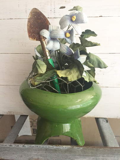 Vintage Pottery Green Planter W/Vintage Wire , Old Paper Violets, Tiny Spade, Footed/Dish