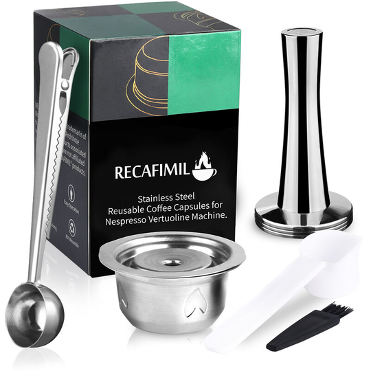 Stainless Steel Capsule Reusable Capsule Pods Set with Powder Tamper & 2 Spoons & Brush Replacement for nespresso Vertuoline GCA1 Delonghi ENV135
