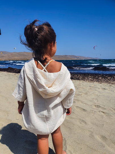 Organic Cotton Kids Poncho/Hooded Towel, Natural Raw Color, 2 Layers Of Buldan Fabric