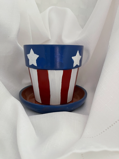Americana/Red White & Blue-Flower Pot With Matching Saucer/Hand Painted/Plant Lover/Home Decor