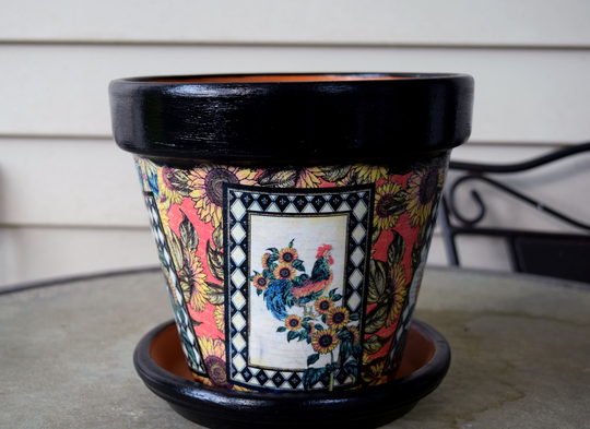 Large French Country Rooster Sunflower Decoupage Flower Pot 8 In. With Saucer