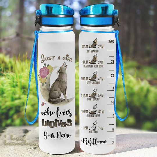 Personalized Wolf Water Tracker Bottle, 32Oz Gym Gift For Her, Travel Mugs, Christmas