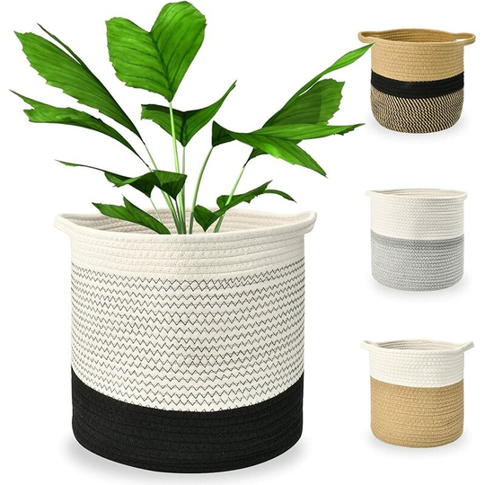 1 Woven Cotton Rope Plant Basket 24 x 24 cm for Decorating Rooms and Planters, Storing Toys and Clothes | Nordic style (black and white, m)