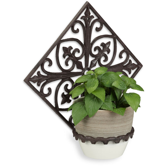Relaxdays Wall Flower Rack, Cast Iron, Antique, Garden Plant Holder, Ø 13 cm, Decorative, Ornate, Dark Brown