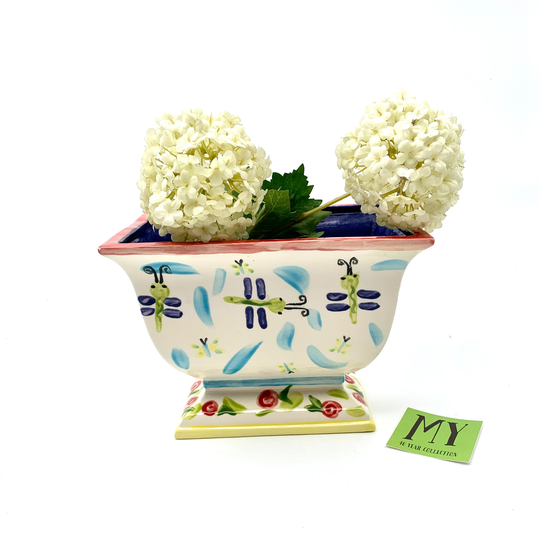 Beautifull Art Potter Footed Planter Hand Painted Dragonfly Blue Pink Green Yellow Shabby Chic Decor My40Yearcollection