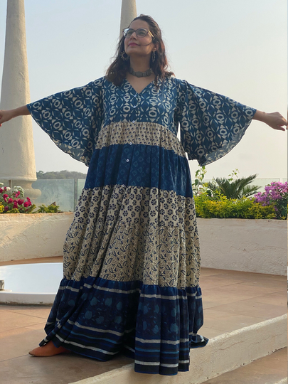 Organic 5-Tiered Dress - Hand-Blocked Ivory Indigo Blue Maxi Tier Dress Cotton