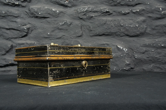 Victorian Cash Tin With Lift Out Tray & Nice Gold & Black Decoration ~ Antique Storage Box First Aid Keepsakes Medicine Letters Money