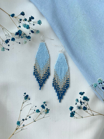 Blue Beaded Earrings Ombre Seed Bead Fringe Dangle Blue/Metallic/Navy Ombre Gift For Her