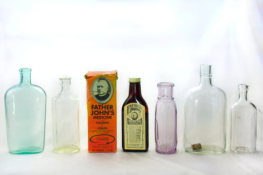 Lot Of Six Large Vintage Bottles Flasks With Box For "Father Johns
