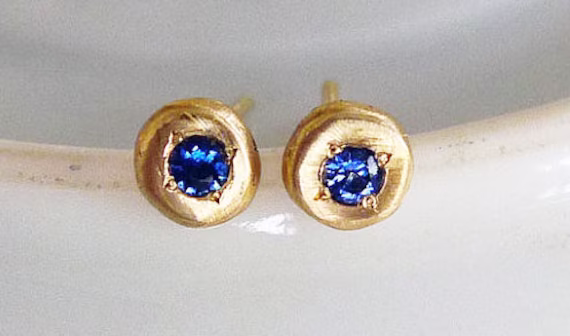 Blue Sapphires 14K Recycled Gold Organic Round Stud Earrings. Hand Made Evil Eye Protection Good Luck Gold