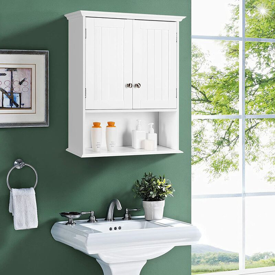Bathroom Wall Cabinet, Wooden Storage Cupboard with Double Door, Adjustable Shelf and Compartment, Wall Mounted Medicine Cabinet for Living Room
