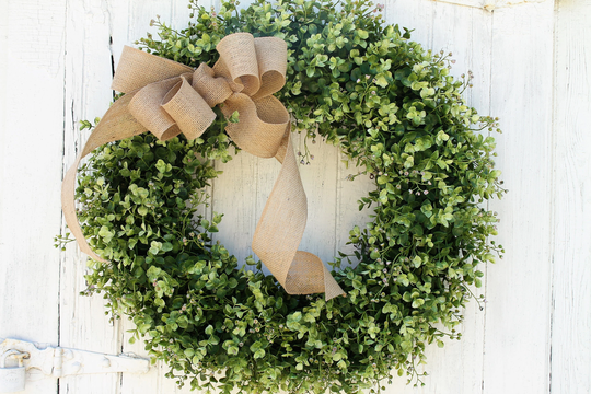 Boxwood Wreath With Burlap Bow, Rustic Farmhouse Decor, Green For Front Door, Year Round Outdoor Wreath, All Season Everyday