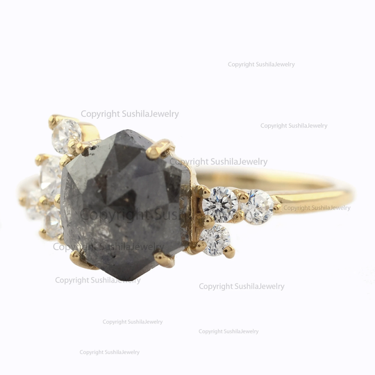 2 Ct Natural Hexagon Cut Salt & Pepper Diamond Cluster Ring Solid 14K Yellow Gold Handmade Unique Wedding Engagement Jewelry Valentine