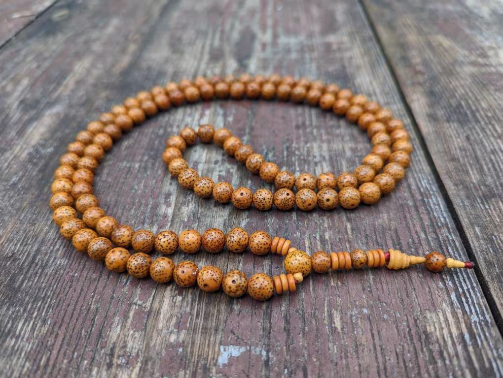 Vintage Moon & Star Bodhi Wood Seed White Lotus Mala Prayer Buddhist Necklace 108 Meditation Beads
