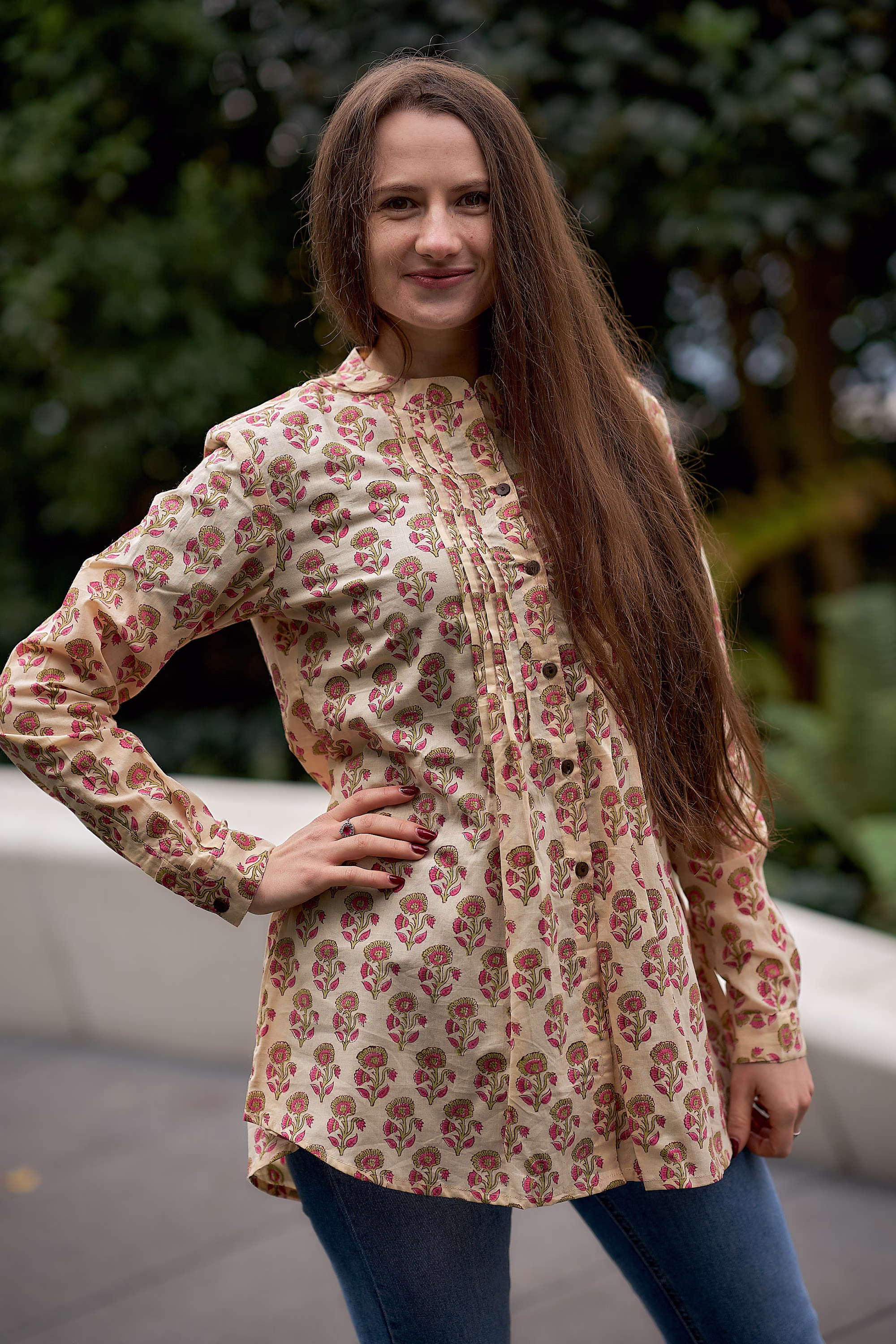 New Liara Shirt, Pure Cotton, Hand Block Printed, Bohemian, Casual-Occasional, Cream, Pink, All Season, Handcrafted, Ethical Fashion