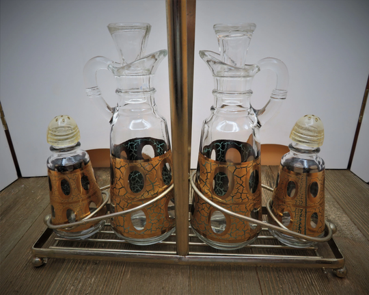 Vintage Cruet Gold Decorated Oil & Vinegar, Salt Pepper Set With Metal Holder 1960S