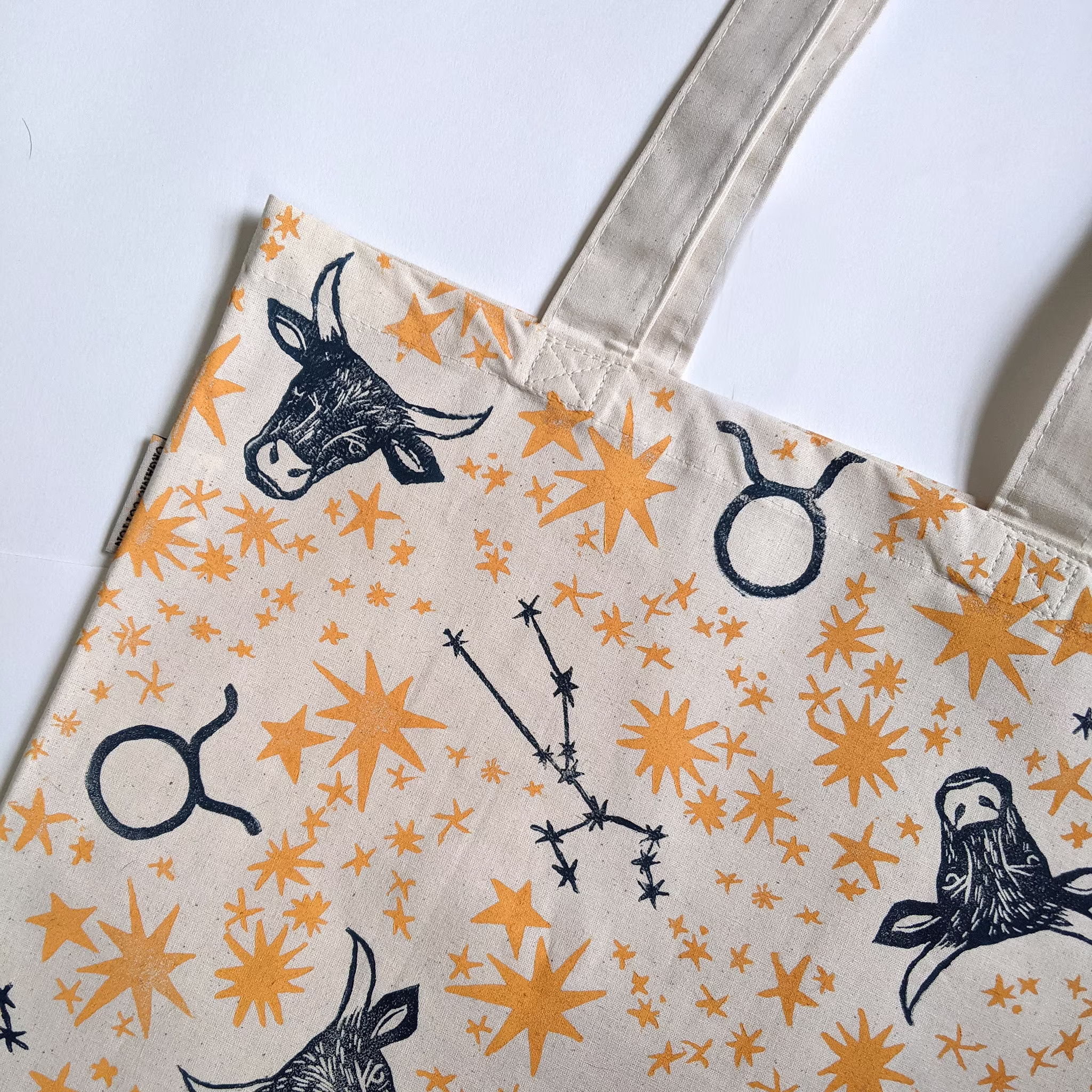 Taurus Tote Bag | Block Printed Organic Cotton 14.5 X 15.5 Inch Shoulder