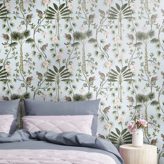 Jungle Wallpaper/Tropical Print Monkeys Hibiscus Flowers Palm Leaves Vintage Style