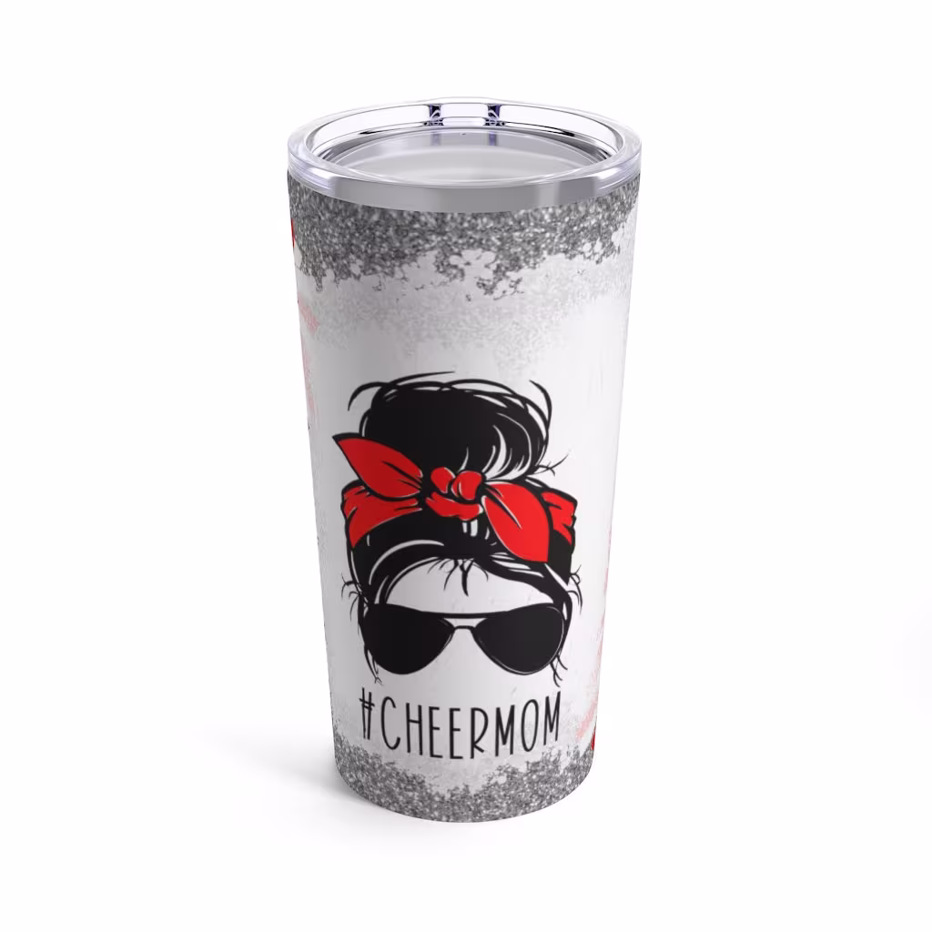 Messy Bun Cheer Mom, Travel Tumbler, #cheermom, Season, Mom Gift, 20Oz Travel Tumbler, Stainless Steel, Personalized