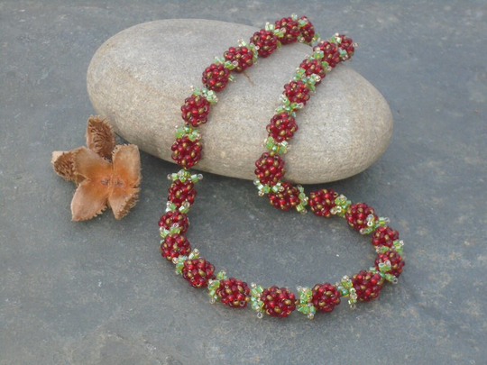 Wild Strawberries Necklace, Czech Seed Bead in Ruby, Bronze & Green Seed Beads, UK Seller
