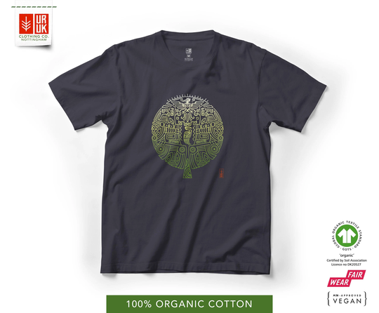 Uruk Organic Cotton T Shirt For Men & Women - Eco-Friendly Crew Neck Shirt. Mayan Tree. India Ink Grey